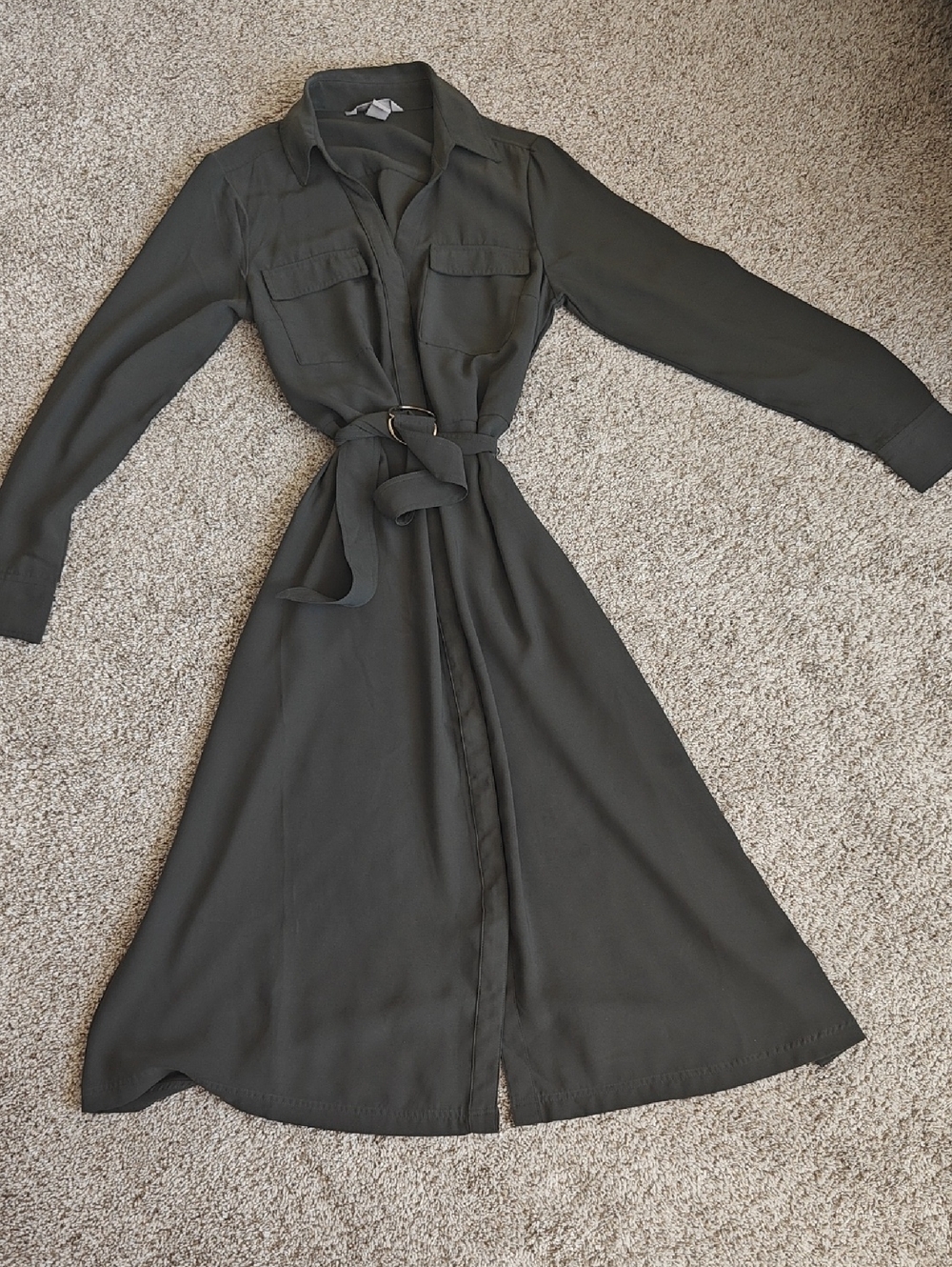H&M Olive Green Long Sleeve Belted Shirt Dress